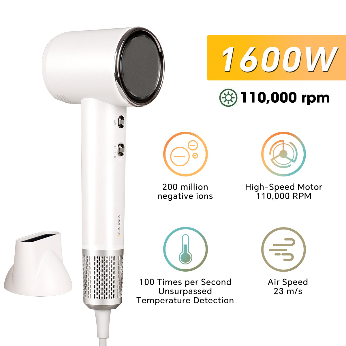 GotoShine Hair Dryer, 110,000 RPM, Wind Speed 23m/s, 1600W, with Removable 360° Magnetic Nozzle